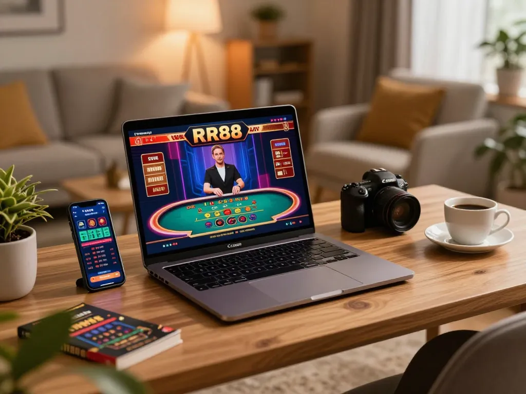Play on RR88 with a vibrant live dealer game setup and modern home gaming atmosphere