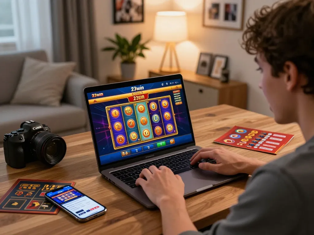 Experience exciting gameplay on 23win as a player engages with vibrant slot machines on their laptop