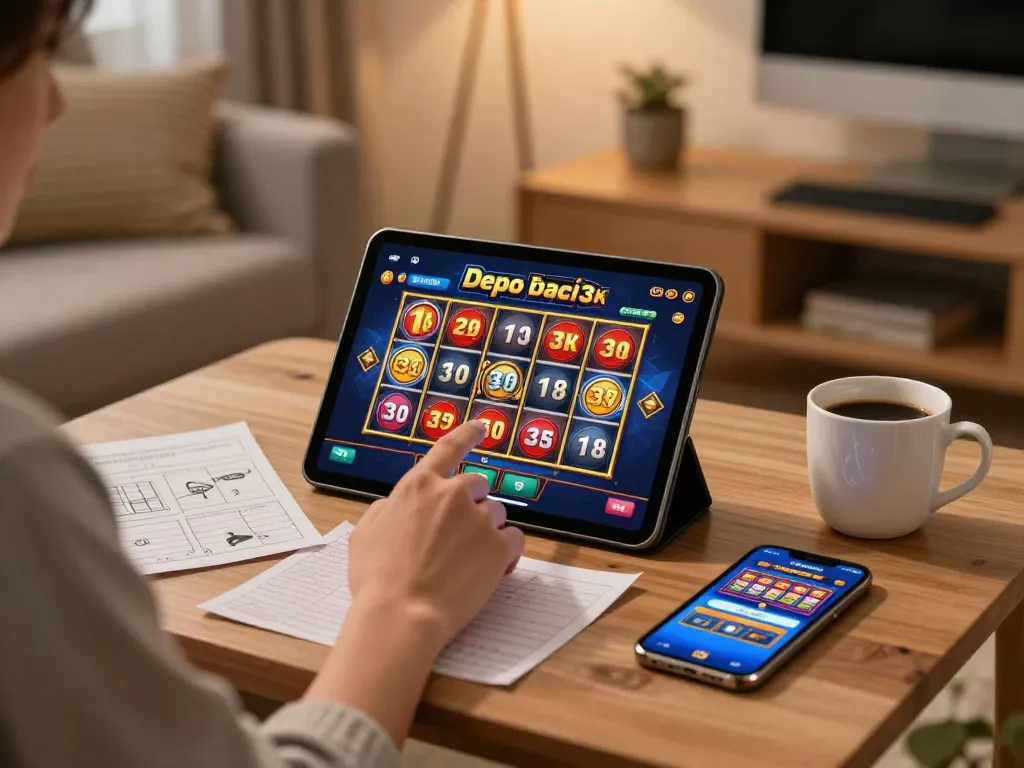 Engaging scene of a cozy home gaming setup showcasing slot depo 3k gameplay on a tablet, emphasizing responsible gambling.