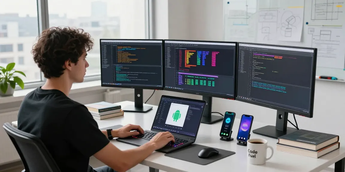 Developer in modern workspace learning dependency injection with Hilt while coding on multiple screens