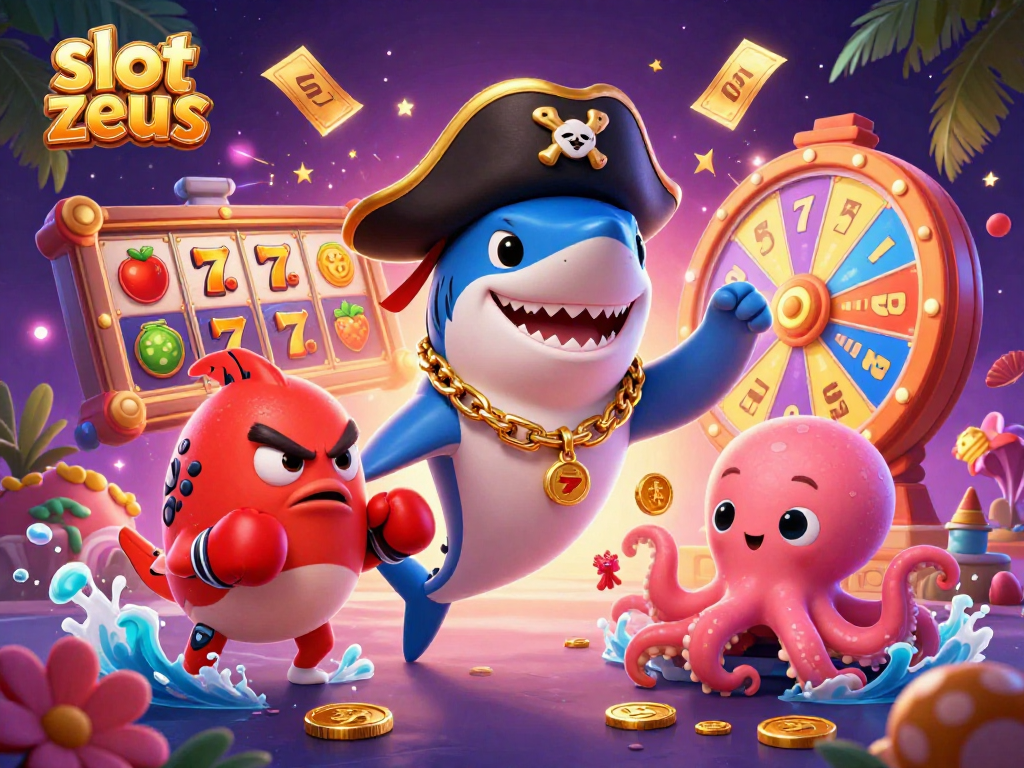 Experience the excitement of slot zeus with captivating characters and dynamic game elements in this vibrant 3D illustration.