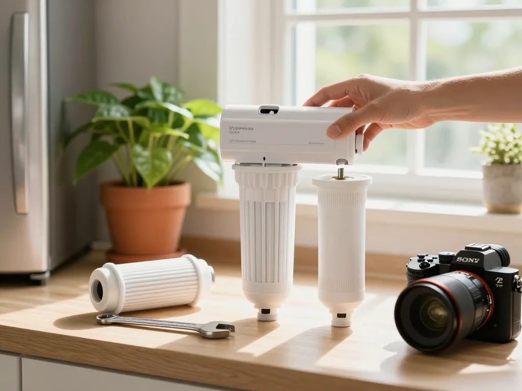 Replacing the Waterdrop 5231JA2002A Refrigerator Water Filter in a bright kitchen, showcasing tools and process.