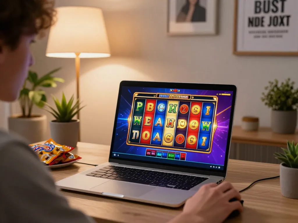 Playing king slot online on a laptop in a cozy home office setup, showcasing an engaging gaming experience.