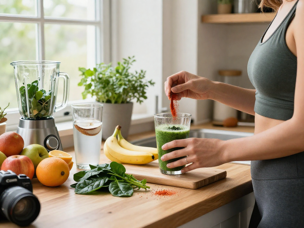 Healthy smoothie preparation with microalgae astaxanthin in a bright kitchen, showcasing vibrant ingredients and a wellness vibe.