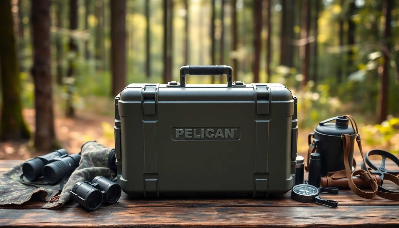 Showcasing a Pelican gun case for sale with surrounding outdoor gear on a wooden table.