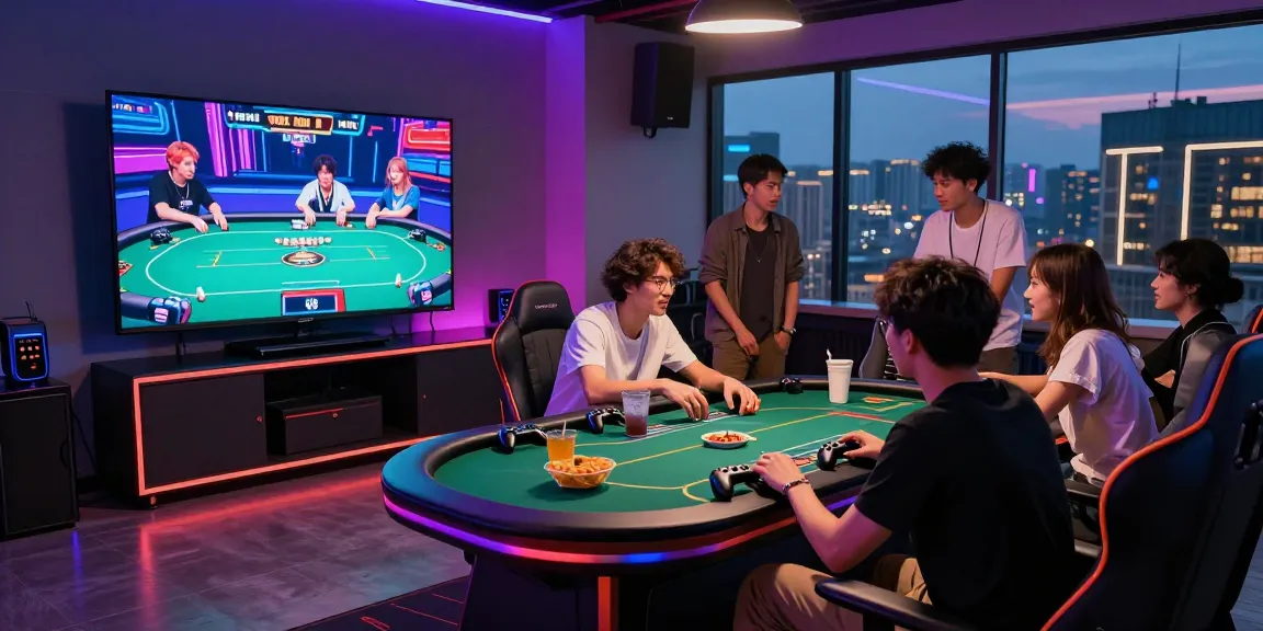 Group enjoying an online gaming session with MBM娛樂城 on a large screen in a vibrant entertainment space