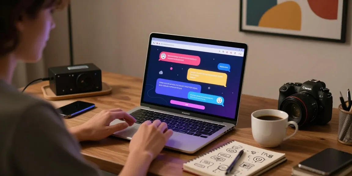 User engaging in nsfw ai chat on a laptop in a cozy workspace, showcasing vibrant chat interface and creative atmosphere.