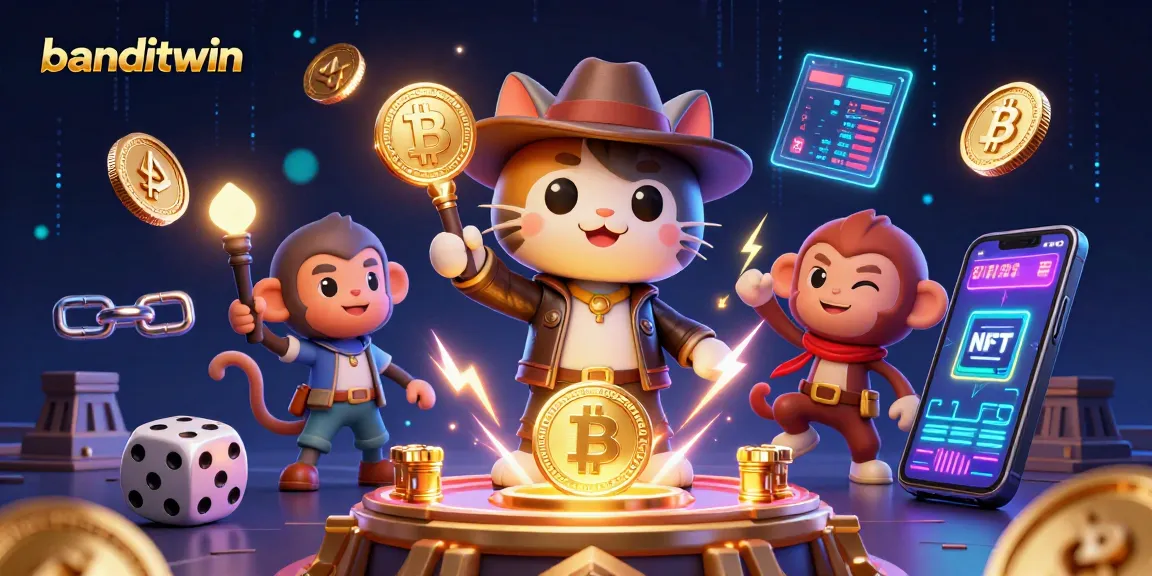 banditwin menampilkan kucing arkeolog yang menemukan artefak kasino sambil dikelilingi koin kripto dan elemen permainan