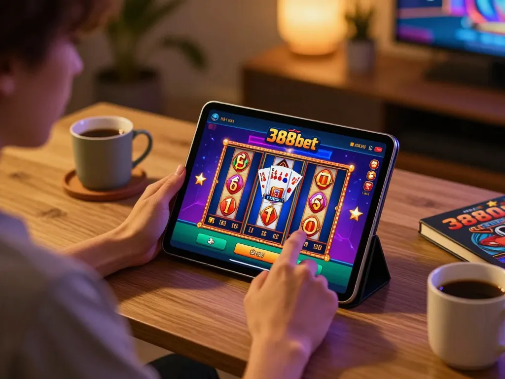 Engage with the 388bet casino app on tablet in a cozy home gaming environment.