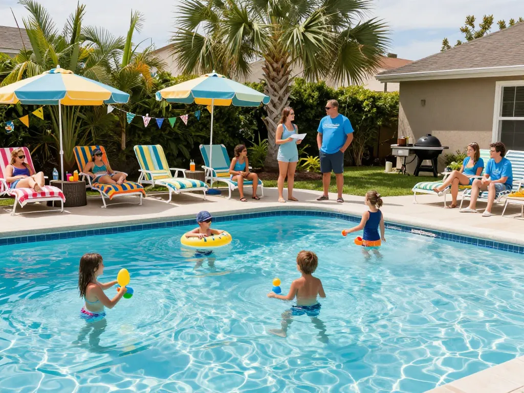 Dolphin Pool Services team discussing maintenance with family by their backyard pool, showcasing a sunny, joyful ambiance.