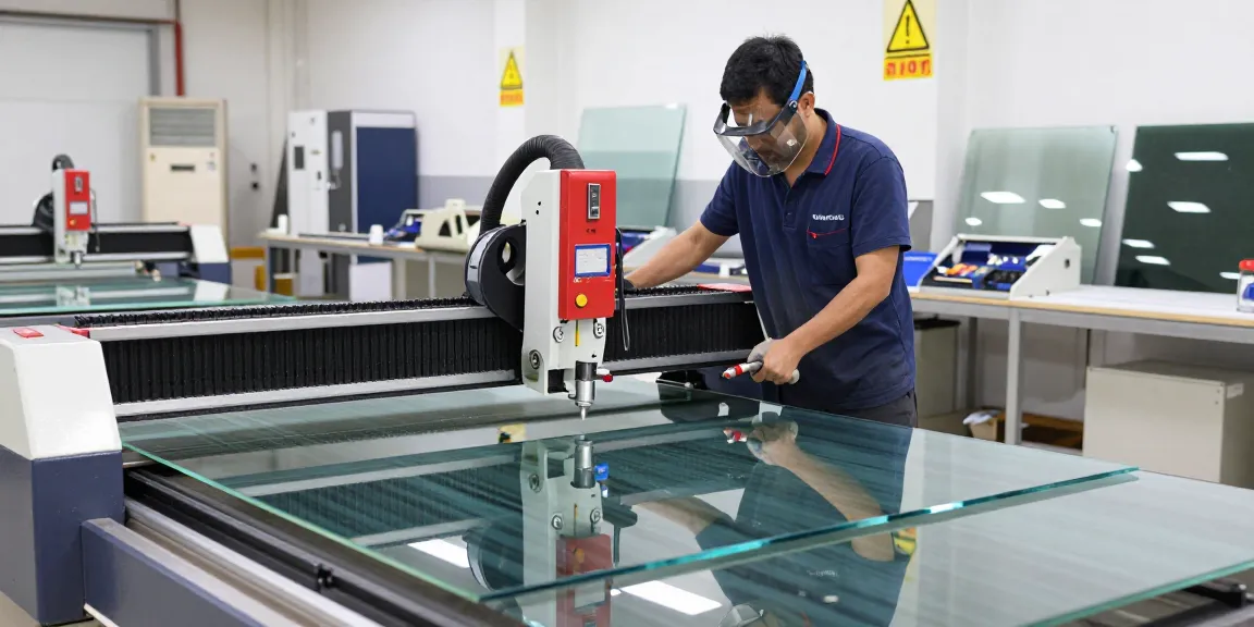 CNC glass cutting machine in operation, technician demonstrating precision glass cutting techniques