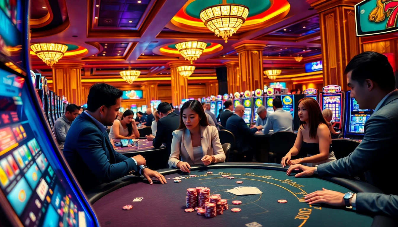 arushoki menampilkan suasana kasino dengan pemain asyik di atas meja dan mesin slot.