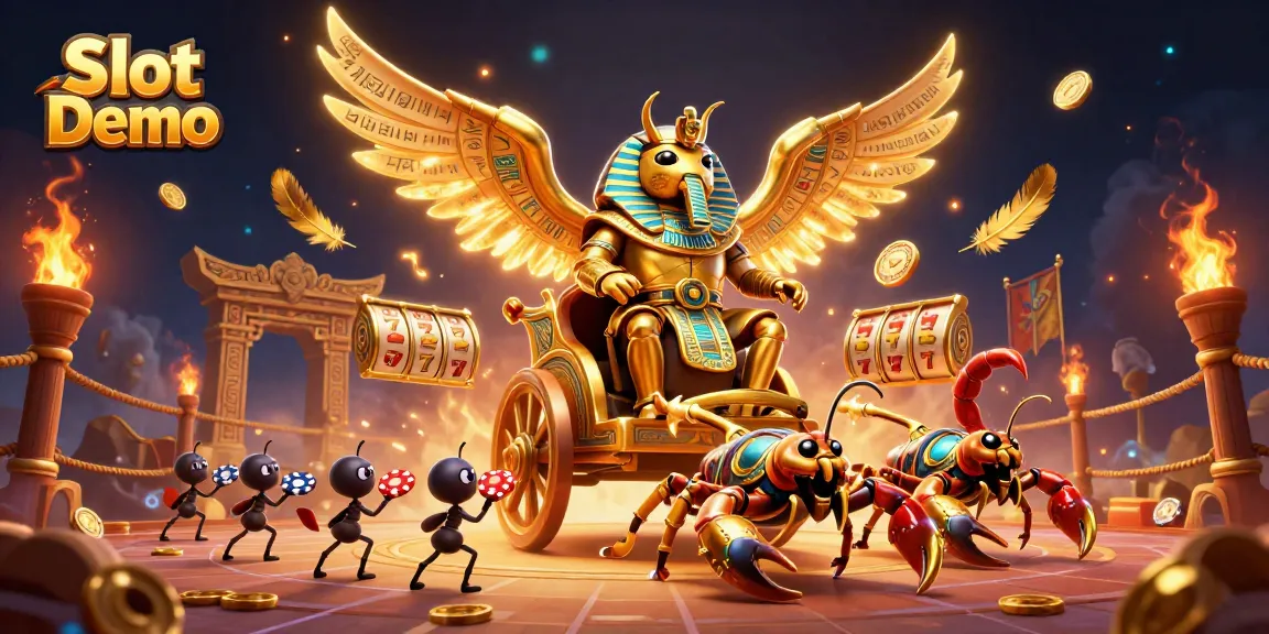Experience Slot Demo excitement with a golden beetle chariot amidst vivid casino elements.
