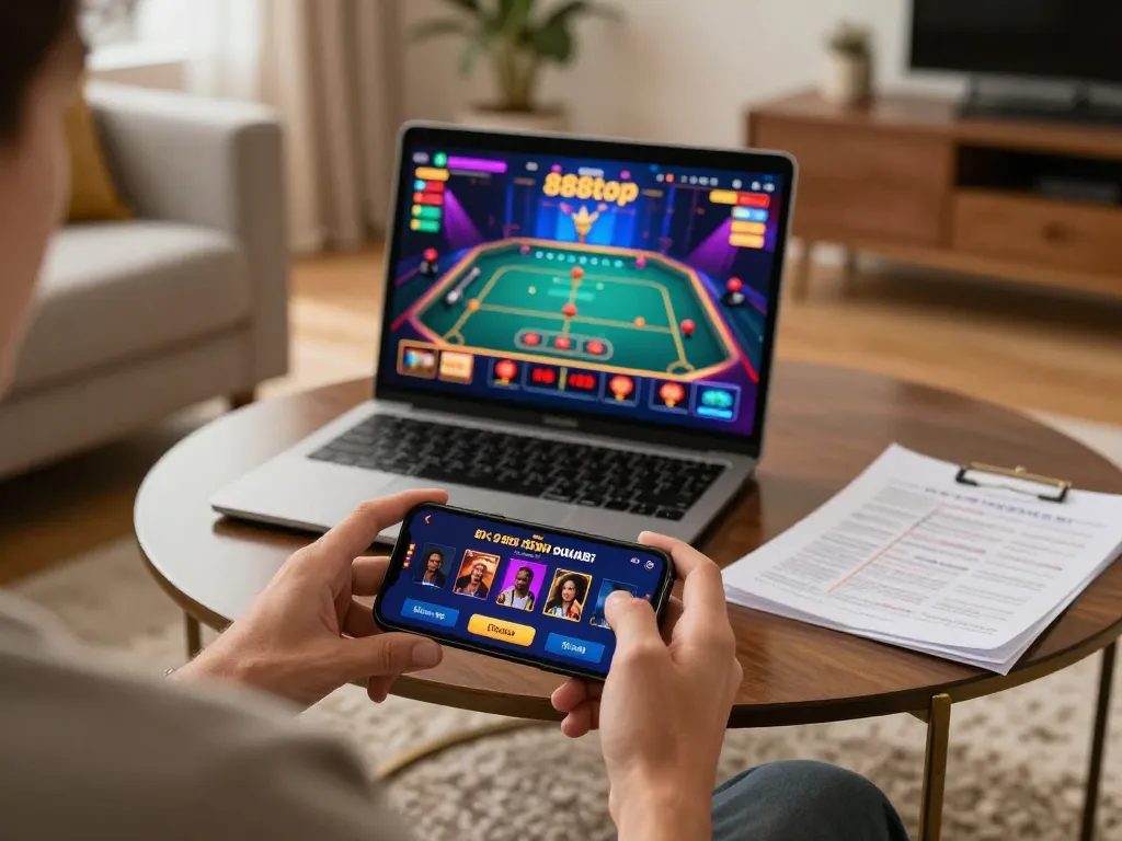 Player using 888top casino app on smartphone in cozy living room while studying strategy notes.