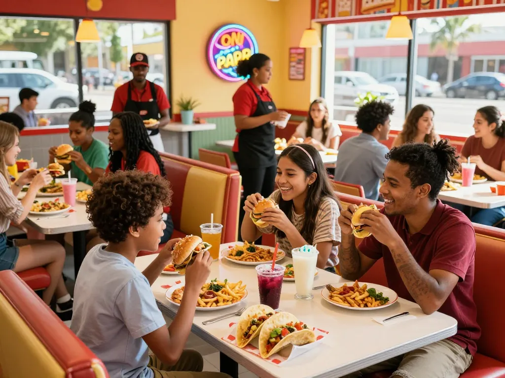 Fast food menu delights captured in a lively restaurant scene with diners enjoying burgers, tacos, and pizzas.