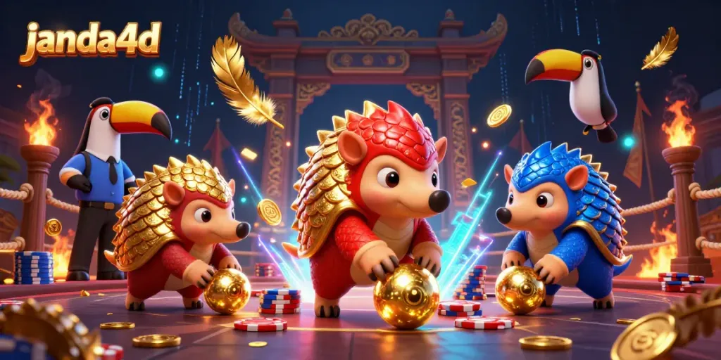 Aktifkan permainan di janda4d dengan duel pangolin berskala merah dan biru yang bermain dadu di atas tumpukan chip poker.