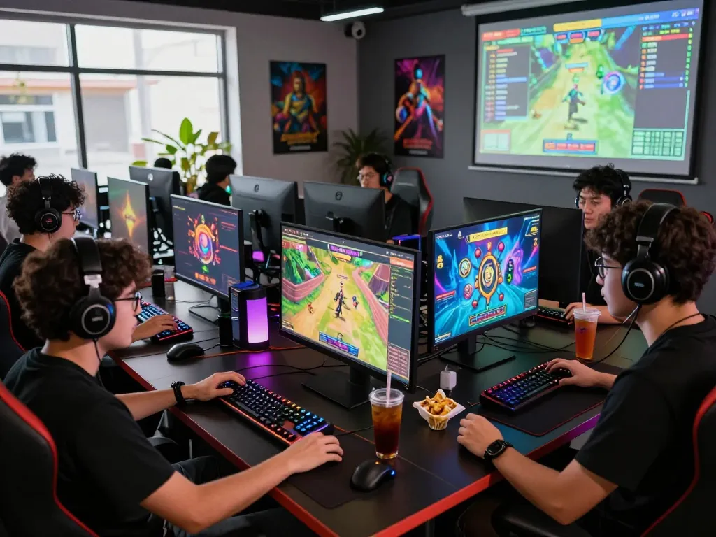 Gamers enjoying slot gacor games in a lively gaming environment, showcasing excitement and camaraderie.