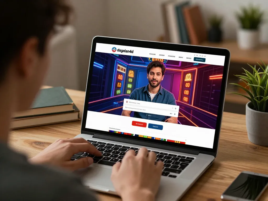 Accessing dagelan4d login from laptop, showcasing an engaging online casino experience with vibrant graphics.