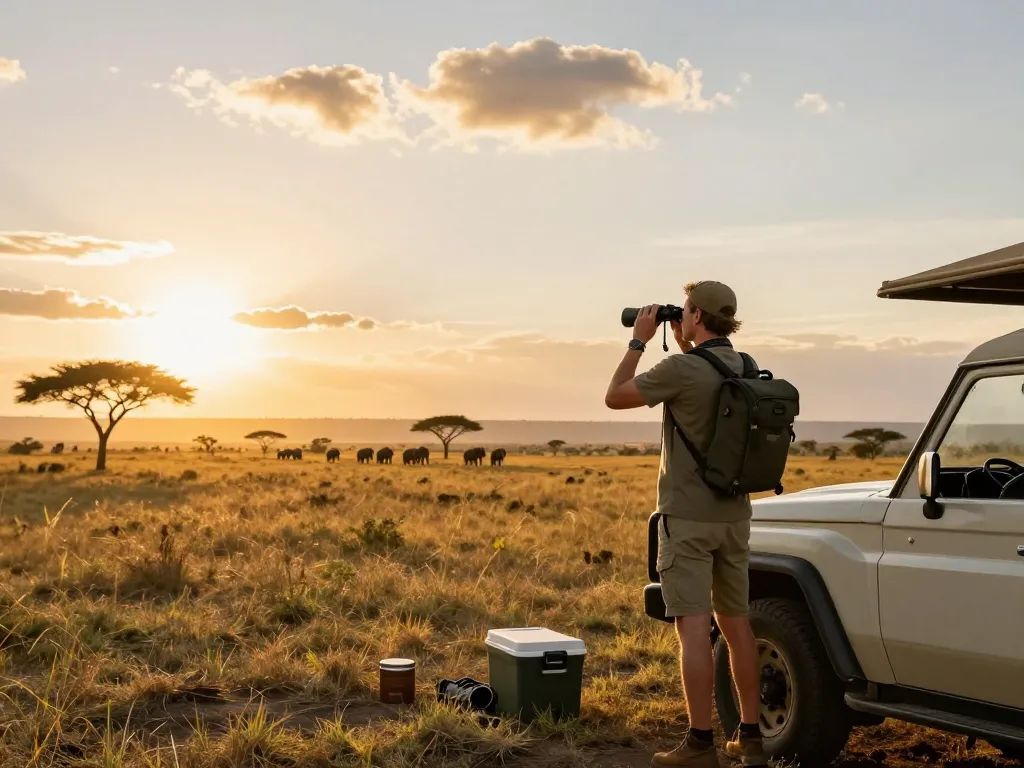 Tanzania local tour operators showing a traveler at Serengeti viewpoint, equipped for adventure and surrounded by wildlife.