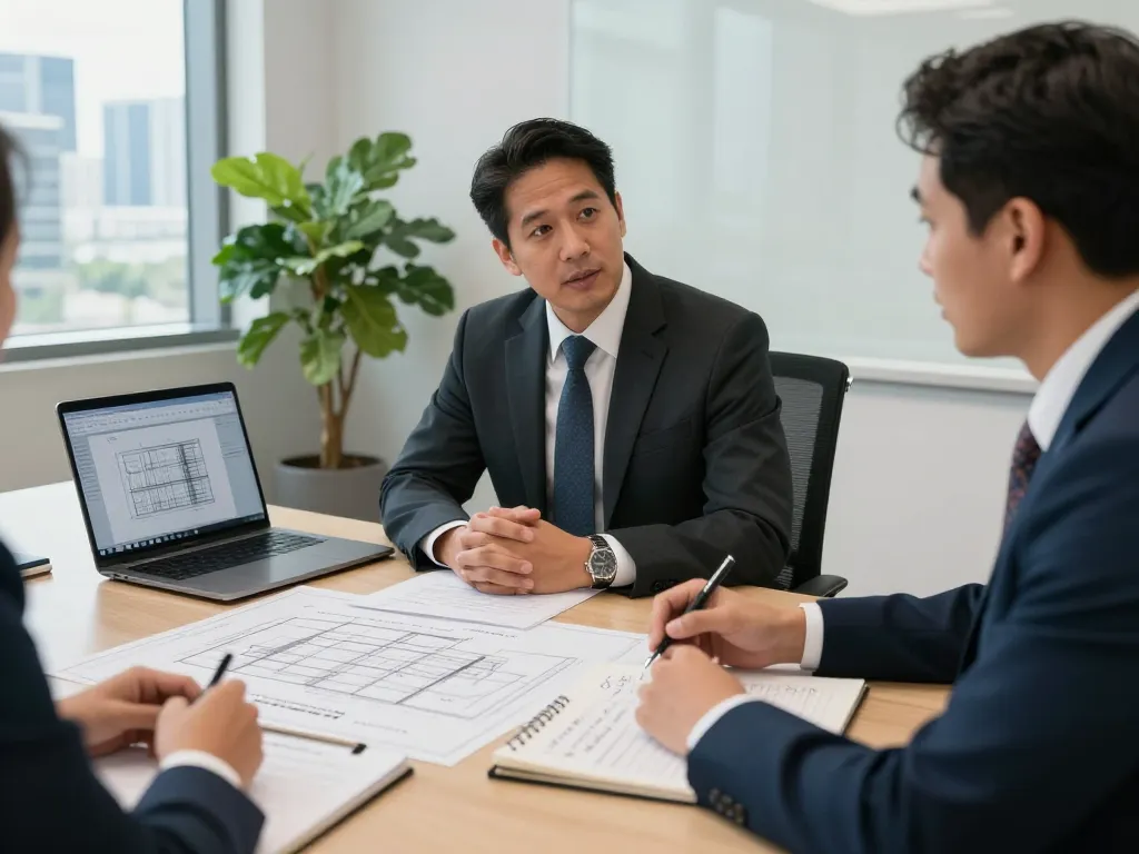 Boca Raton Construction Litigation Lawyer consulting with contractor in modern office.