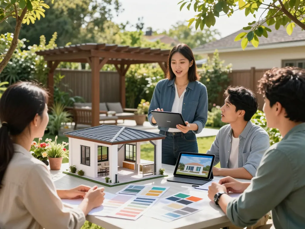 Client exploring the All-in-One pergola Configurator with a professional in a sunny outdoor setting.