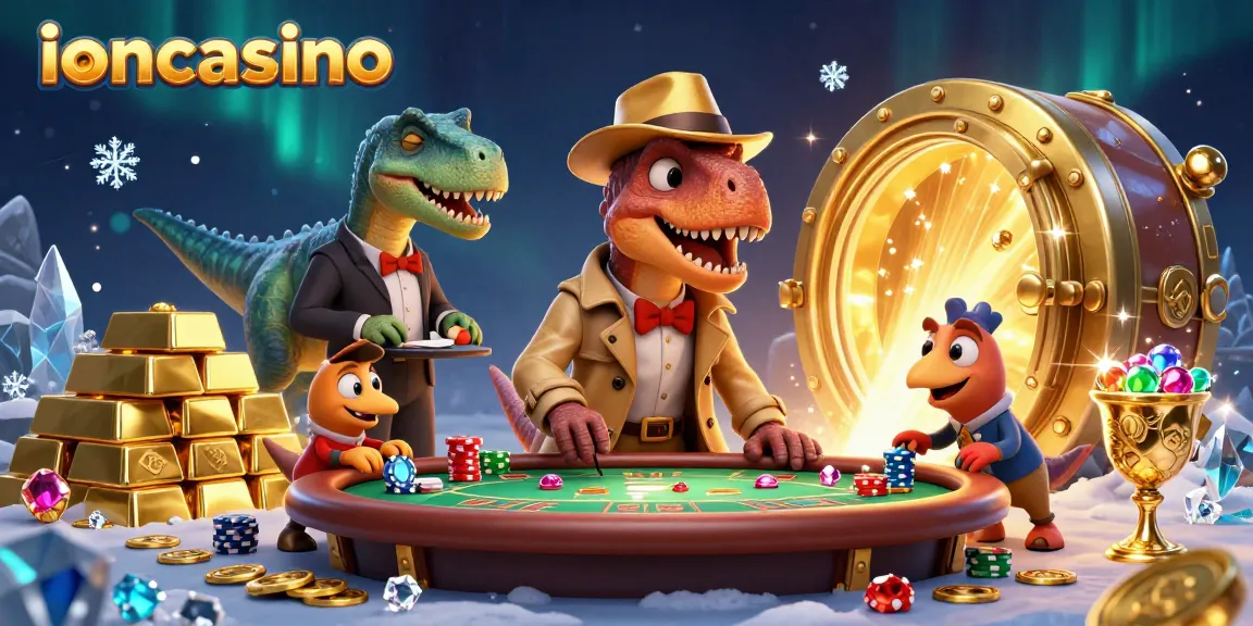 Experience exhilarating games with ioncasino in a dynamic 3D casino illustration featuring daring dinosaurs.