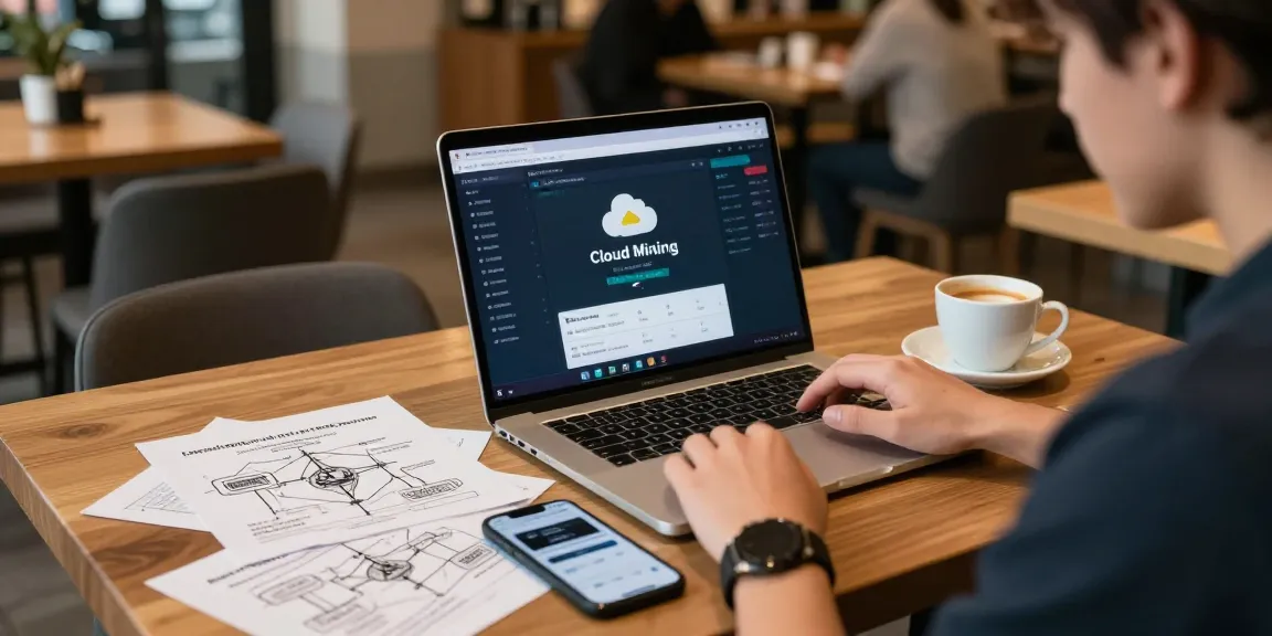 cloud mining with daily payouts displayed on laptop in a coffee shop with blockchain analytics and digital wallet.