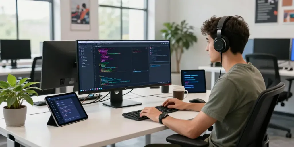 Developer working on an AI text generation platform in a modern tech workspace.