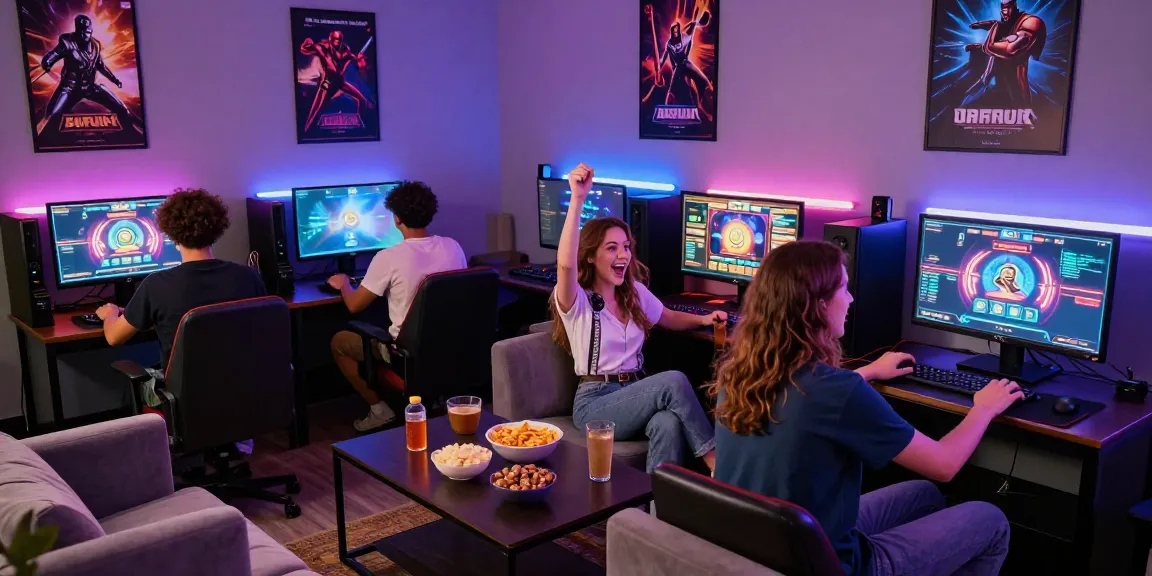 Situs depo 5rb gaming lounge with friends enjoying online slots.