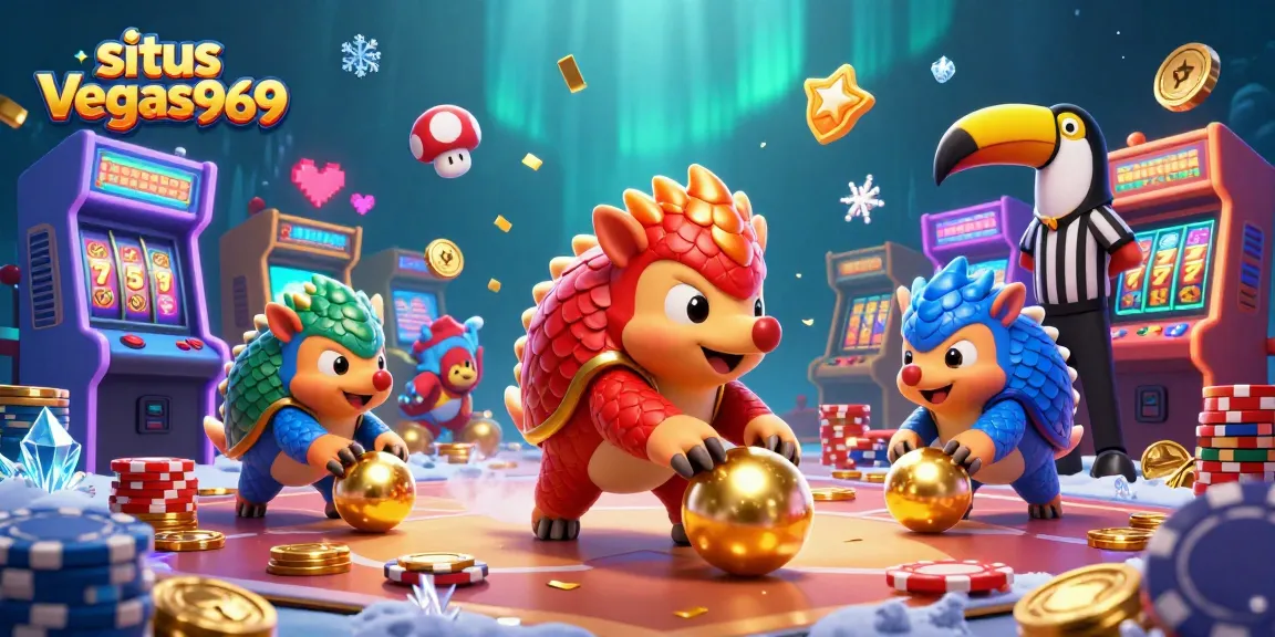 Experience the dynamic action of situs vegas969 with cartoon pangolins rolling golden balls and poker chips in a vibrant casino scene.