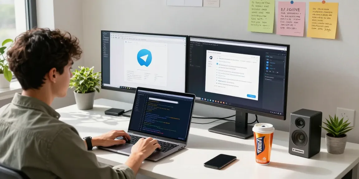 Focused software developer coding on Telegram platform, showcasing 纸飞机中文版 in a modern tech workspace.