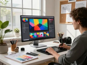 Dynamic workspace where a digital artist uses video to prompt analysis tools for creative video generation.