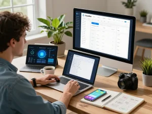 Engaging with Clawdbot AI in a modern home office, user managing tasks effectively.