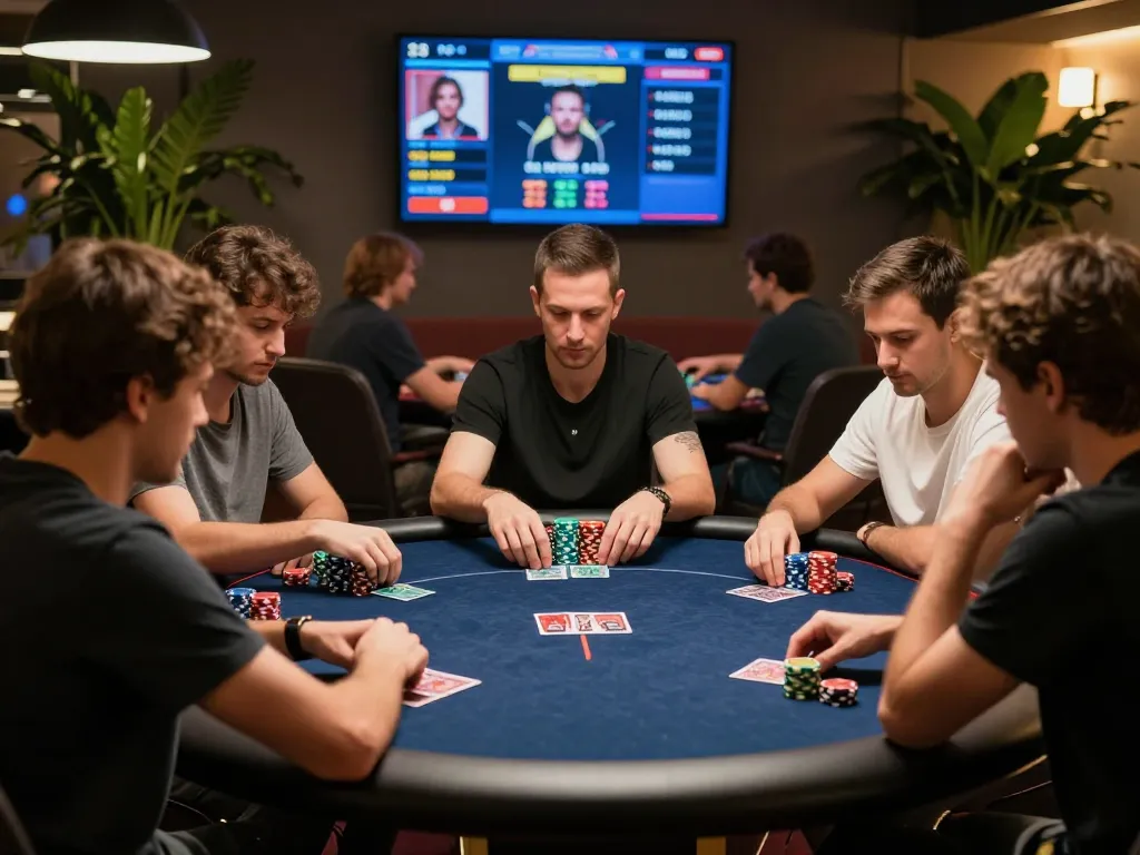 Intense poker game in a modern room with players highlighting poker strategy and vibrant chips.