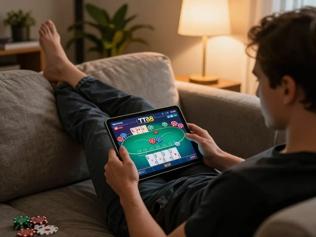 Engaging with TT88 on a tablet during a cozy home online gambling session.