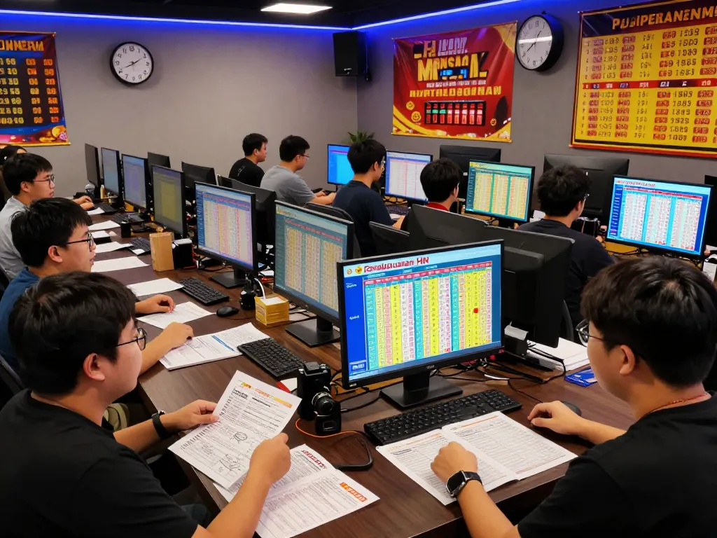 Engaged players checking Pengeluaran HK results in an online gaming hub, capturing the excitement of Togel Hongkong betting.