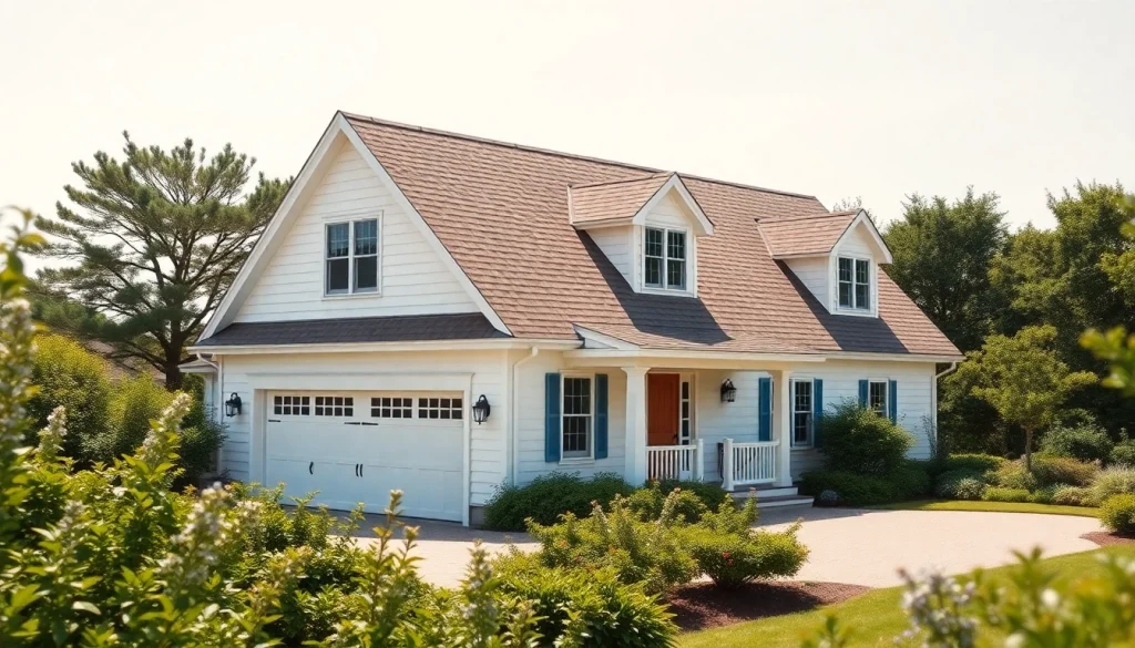 Cape cod homes featuring elegant architecture and attached garage amidst lush greenery.