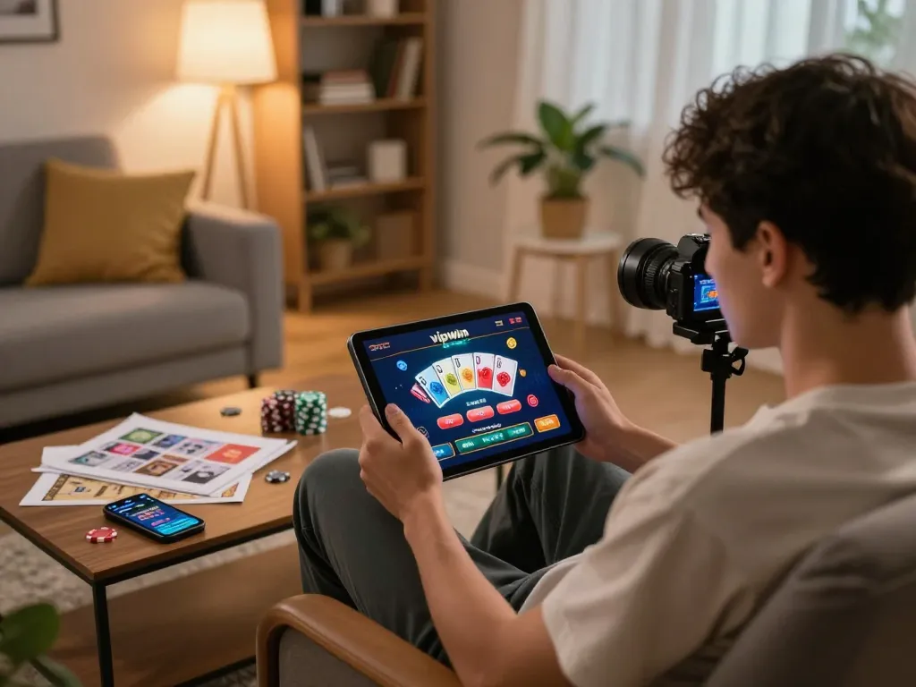 Play poker on vipwin tablet in a cozy living room with strategy notes and warm lighting.