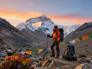Adventurous traveler at Everest Base Camp enjoying breathtaking mountain views