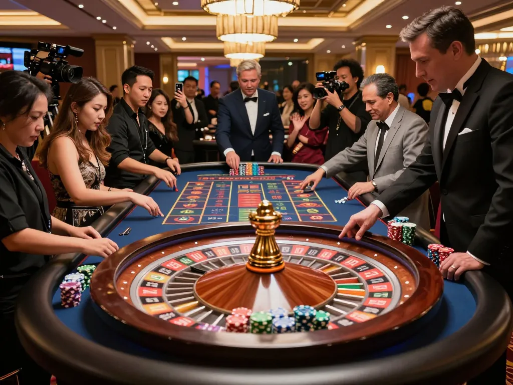 rokok88 players engaged in thrilling roulette action at an upscale casino, capturing excitement and strategy
