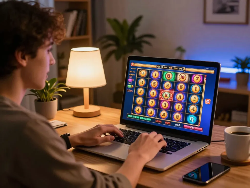Player enjoying exciting slots on 58wiin platform from a cozy home office setup