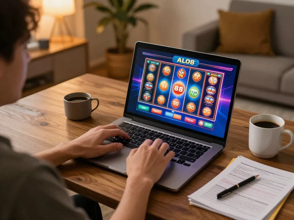Player enjoying ALO8 online casino gaming on a laptop while relaxed at home