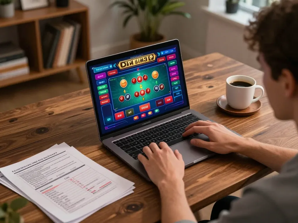 Person engaging in online gaming at home with a laptop showing 566 casino games, warm cozy atmosphere