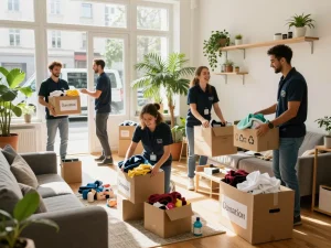 Entrümpelung Wien Team sortiert und packt effizient Gegenstände in einer hellen Stadtwohnung.