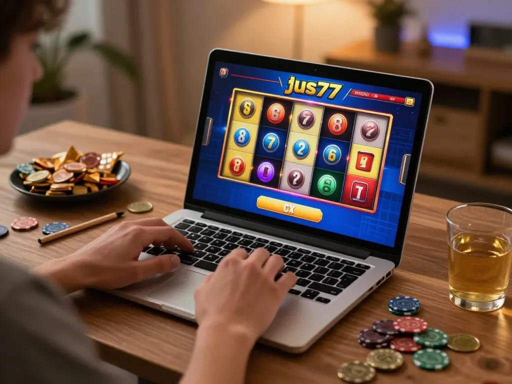 Engaged player enjoying slots on the jus77 platform in a cozy home workspace, showcasing vibrant gameplay.