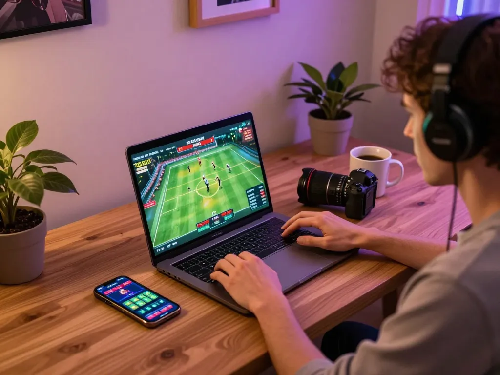 v9bet user engaging in online sports betting on laptop in a cozy home setup.