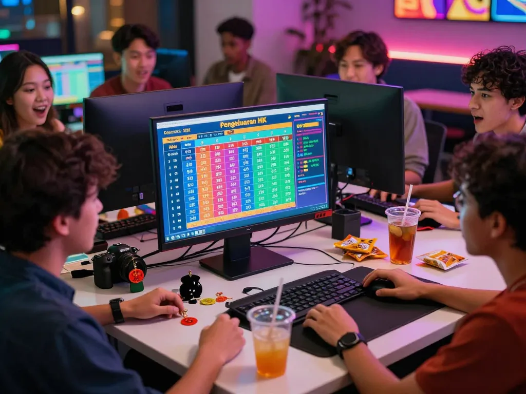 Players celebrating Pengeluaran HK live results in an engaging lottery atmosphere, showcasing excitement and camaraderie.