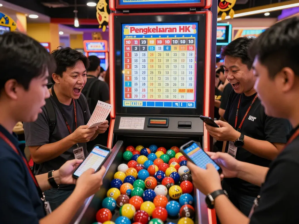 Excited players celebrating Pengeluaran HK lottery results in a vibrant gaming venue.