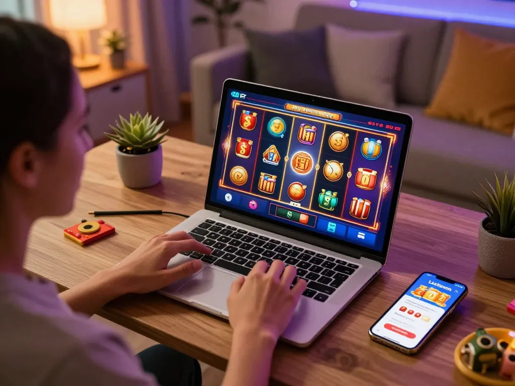 Tương tác với các trò chơi slot luckywin trực tuyến, thể hiện gameplay thú vị trên laptop trong một không gian ấm cúng tại nhà.