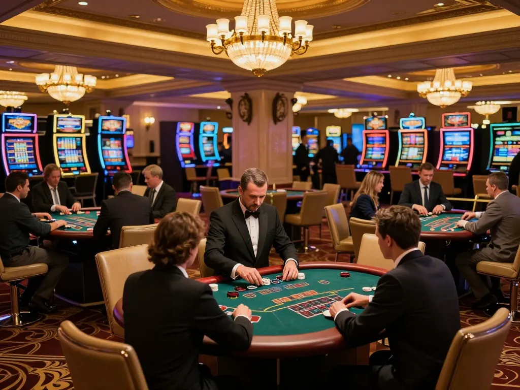 Boca Raton Construction Litigation Lawyer analyzing strategic bets at an upscale blackjack table, lively casino ambiance